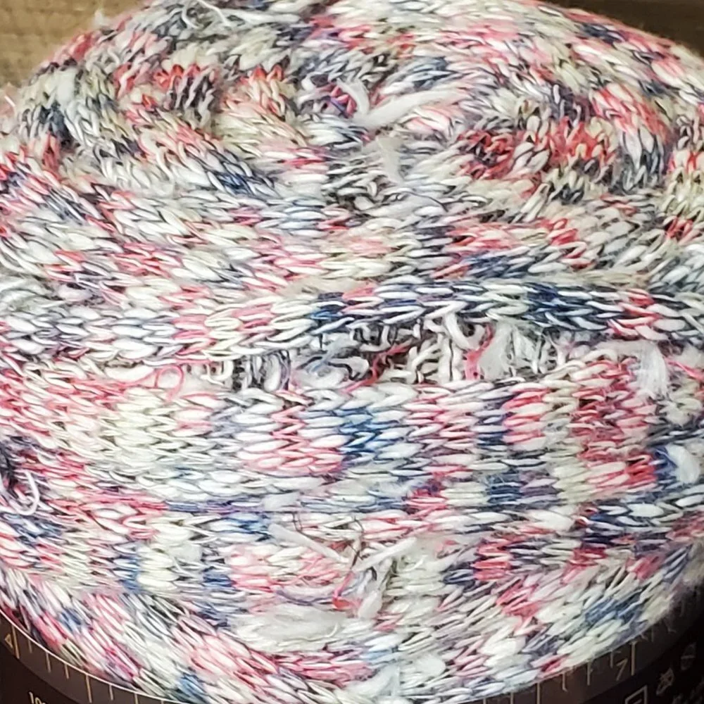 2 Skeins Lion Brand Fettuccini Fabric Remnant Yarn - Red, White, Blue Tweed #132